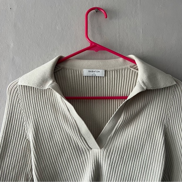Aritzia Babaton Sculpt Knit Long Sleeve Off White Polo Size Small - Picture 3 of 7